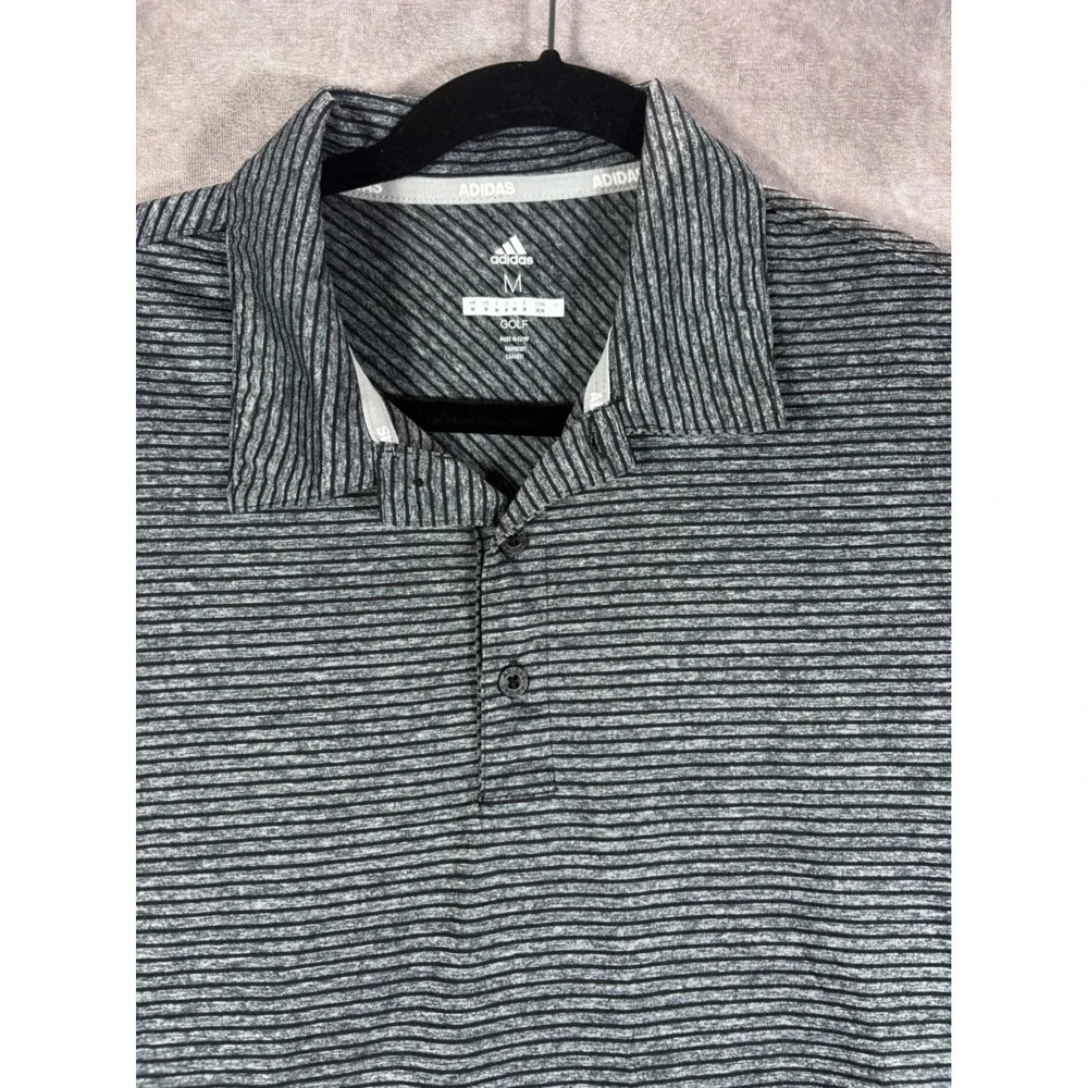 Adidas Polo Shirt Men Medium Gray Golf Striped Short Sleeve Performance Athletic